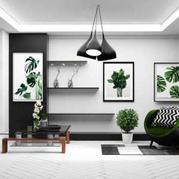 Černobílý obývací pokoj se zelenými doplňky - Nábytek STYL Turnov