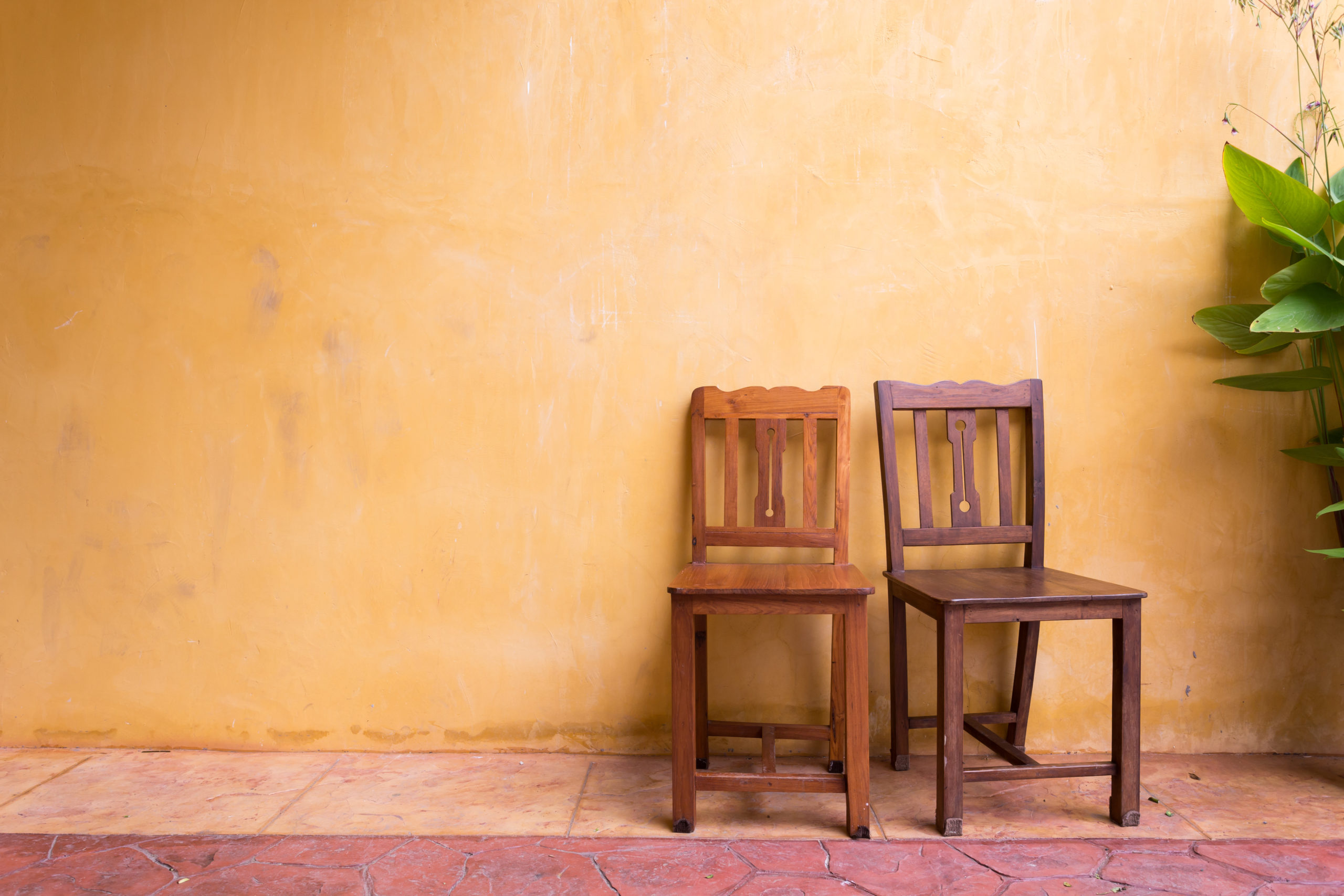 Oranžová stěna + dvě dřevěné židle v různých dekorech - Nábytek STYL Turnov